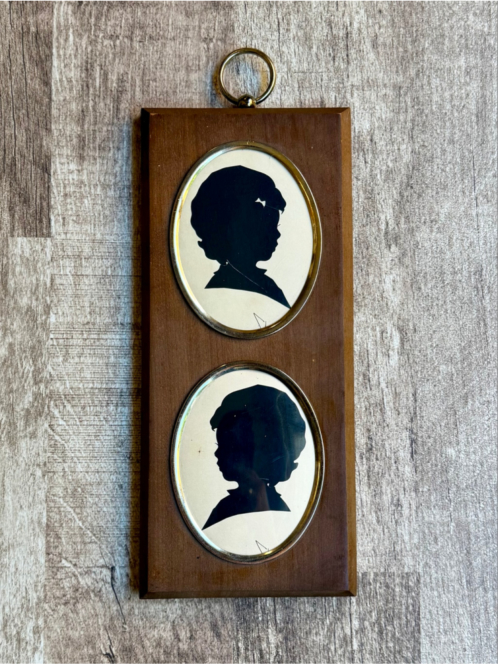Vintage Double Oval Silhouette Wood Plaque Brass Trim Children Wall Hanging